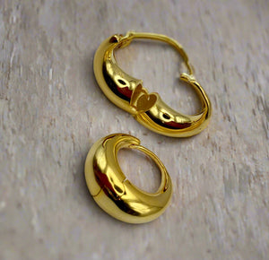 Pair of gold hoop earrings on a light gray background