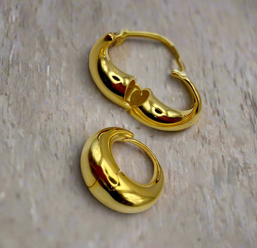 Pair of gold hoop earrings on a light gray background