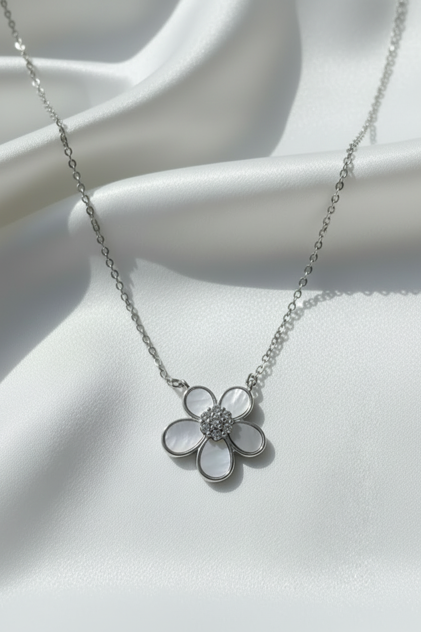 Five Petal Flower Pendant Necklace - 925 Sterling Silver - Iridescent Shell Inlay