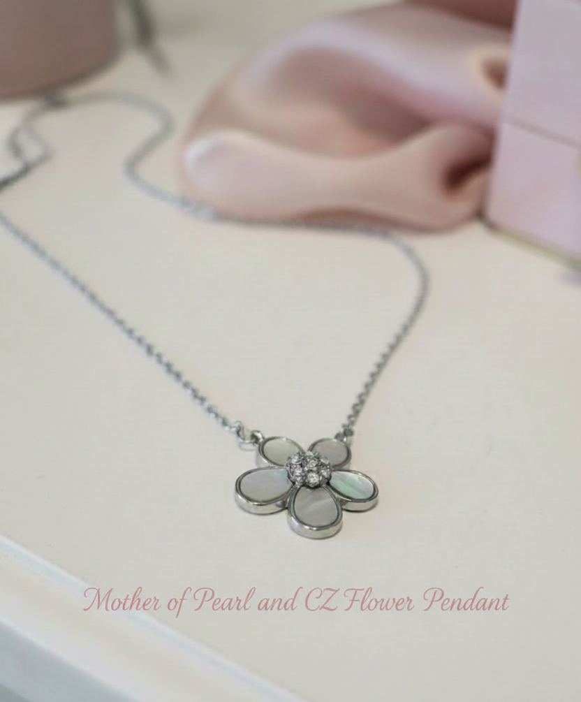 Five Petal Flower Pendant Necklace - 925 Sterling Silver - Iridescent Shell Inlay