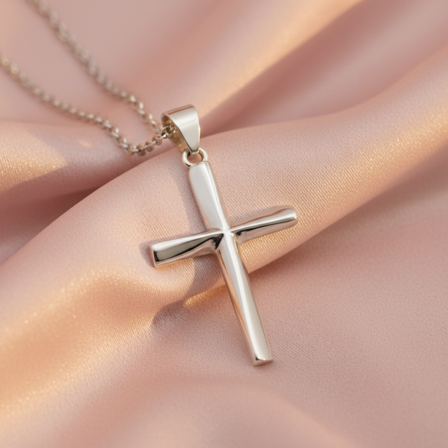 A polished silver cross pendant necklace resting on draped light pink satin fabric.