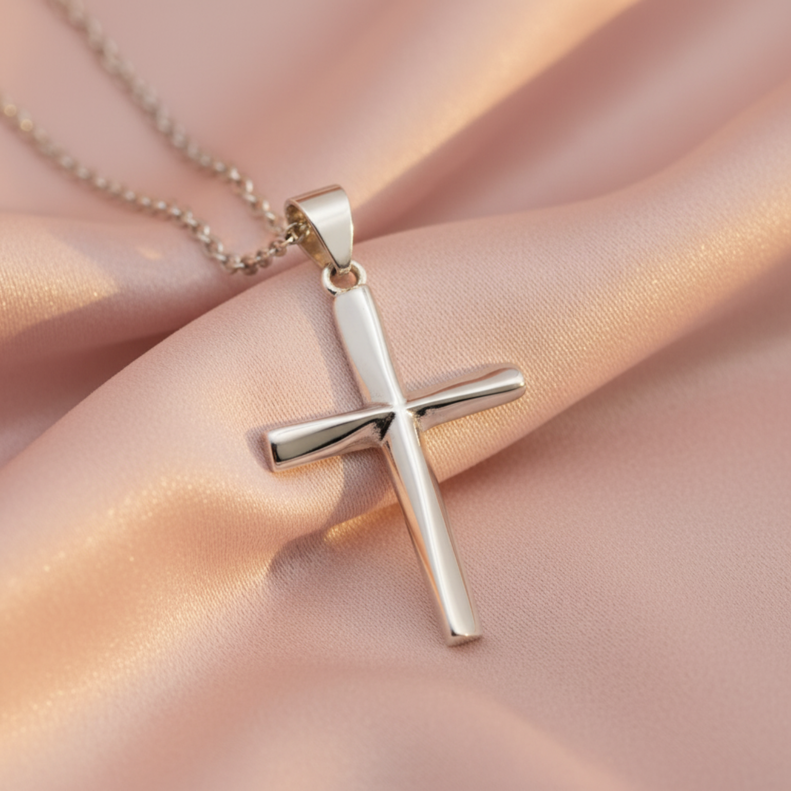 A polished silver cross pendant necklace resting on draped light pink satin fabric.