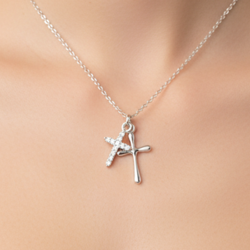 Rhodium Plated Sterling Silver CZ Two Cross Necklace