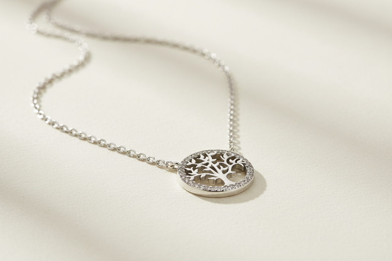 925 Sterling Silver Tree of Life CZ Necklace - Rhodium Plated