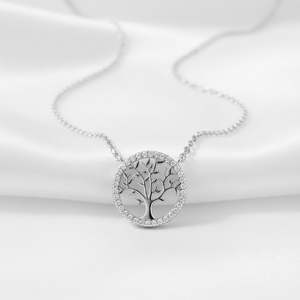 925 Sterling Silver Tree of Life CZ Necklace - Rhodium Plated
