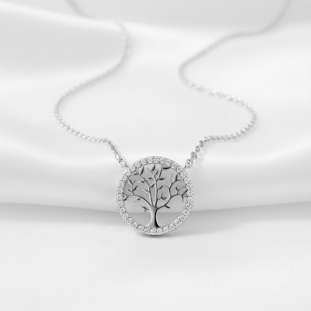 925 Sterling Silver Tree of Life CZ Necklace - Rhodium Plated
