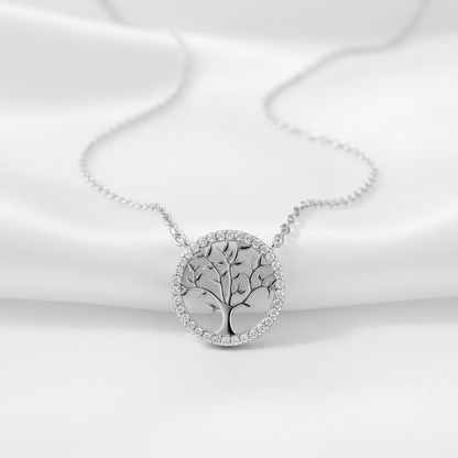 925 Sterling Silver Tree of Life CZ Necklace - Rhodium Plated