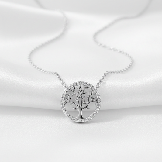925 Sterling Silver Tree of Life CZ Necklace - Rhodium Plated