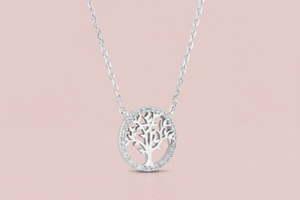 925 Sterling Silver Tree of Life CZ Necklace - Rhodium Plated