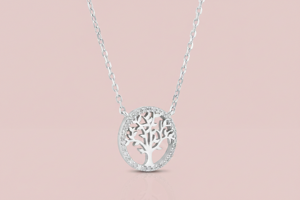 925 Sterling Silver Tree of Life CZ Necklace - Rhodium Plated