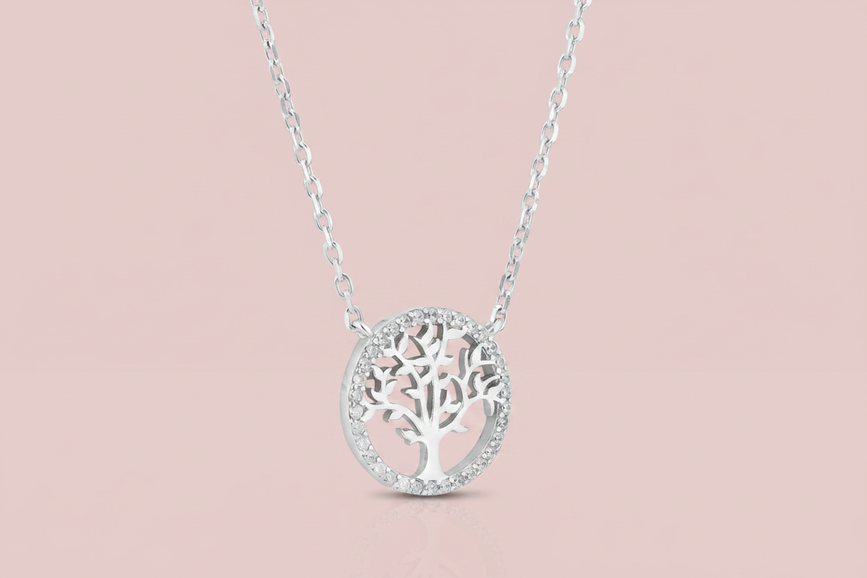 925 Sterling Silver Tree of Life CZ Necklace - Rhodium Plated