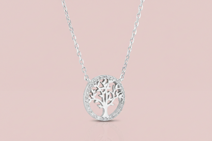 925 Sterling Silver Tree of Life CZ Necklace - Rhodium Plated