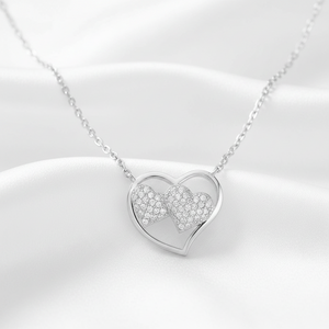 (NP357) Rhodium Plated Sterling Silver Double Heart CZ Necklace