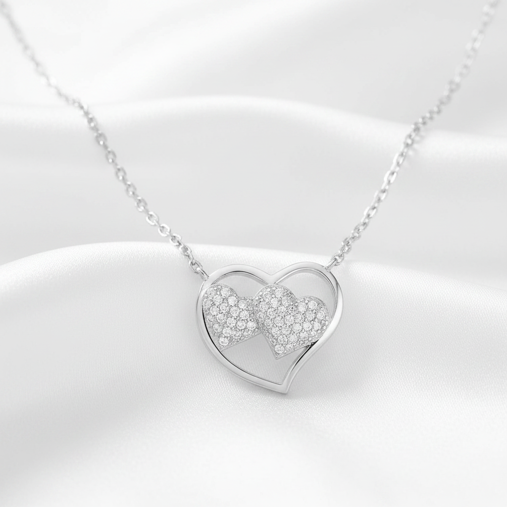 (NP357) Rhodium Plated Sterling Silver Double Heart CZ Necklace