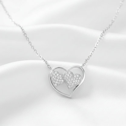 (NP357) Rhodium Plated Sterling Silver Double Heart CZ Necklace