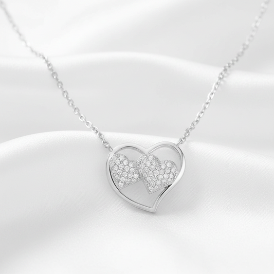 (NP357) Rhodium Plated Sterling Silver Double Heart CZ Necklace
