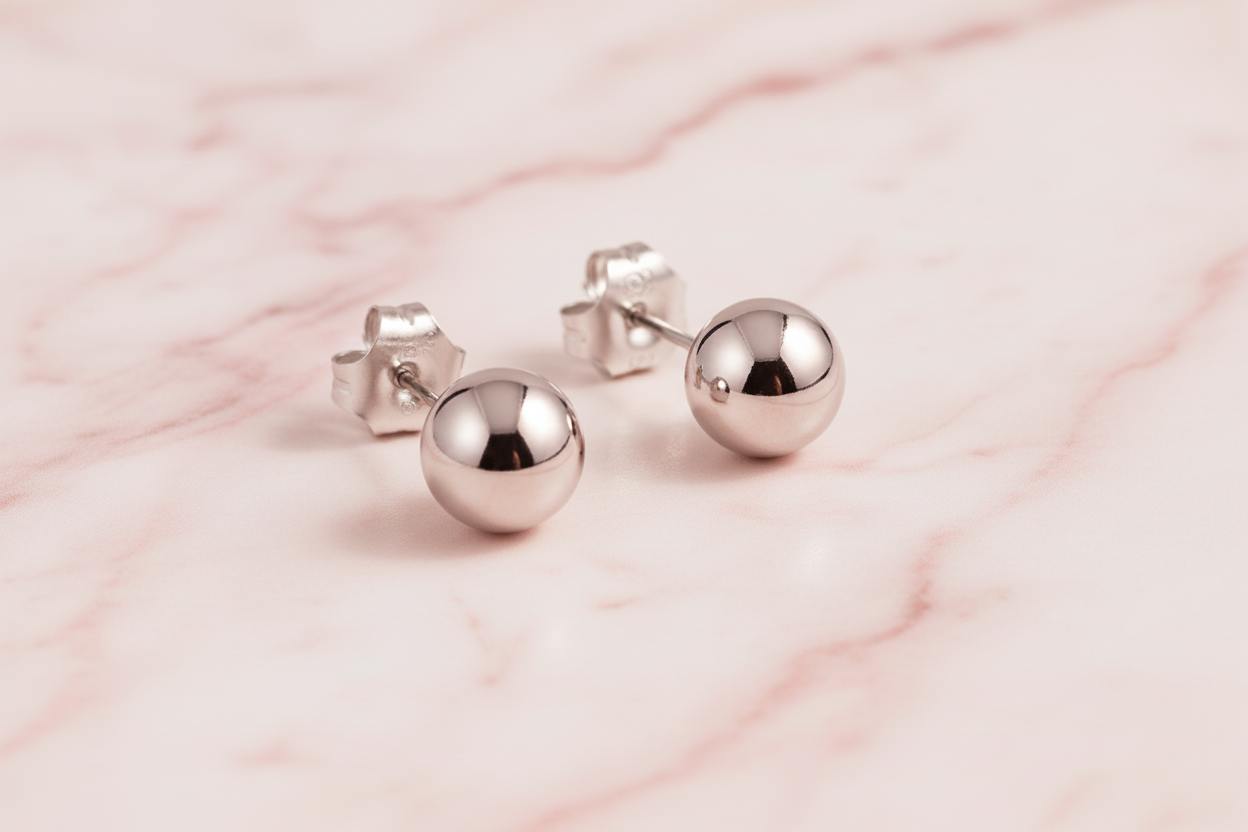 925 Sterling Silver Ball Stud Earrings - Rhodium Plated