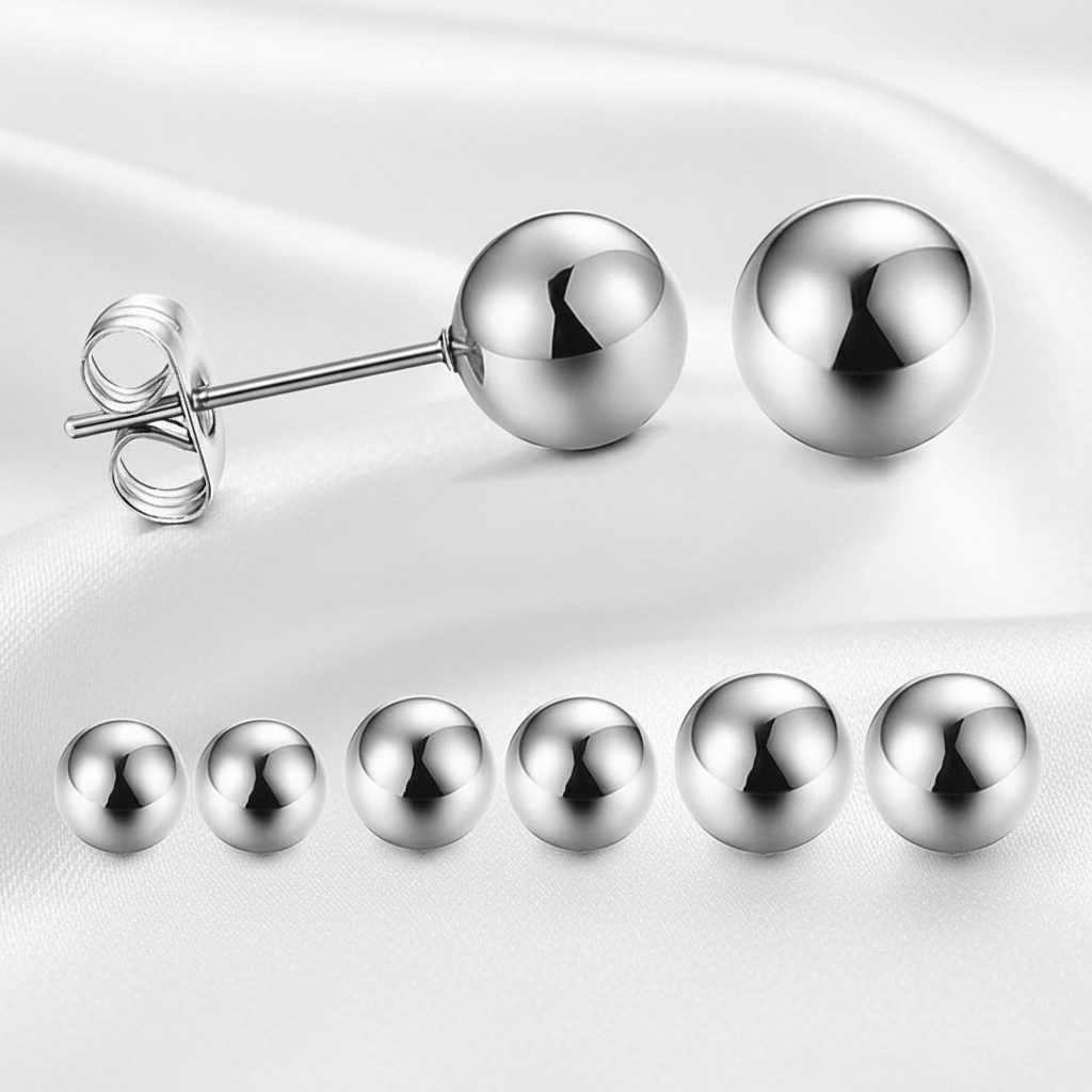 925 Sterling Silver Ball Stud Earrings - Rhodium Plated