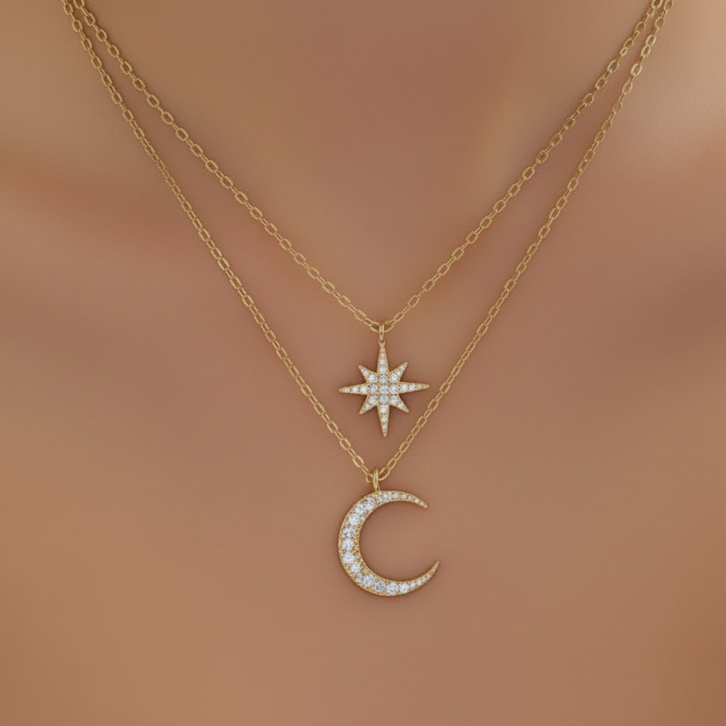 North Star & Crescent Pavé Layered Necklace