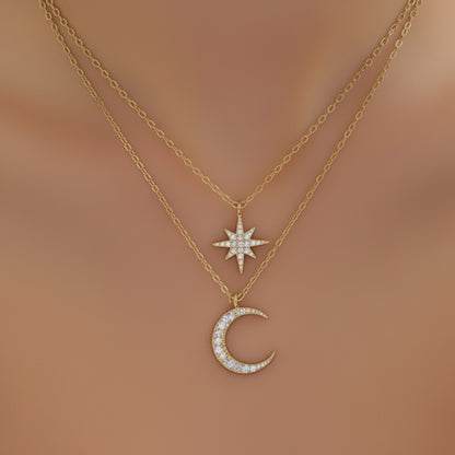 North Star & Crescent Pavé Layered Necklace