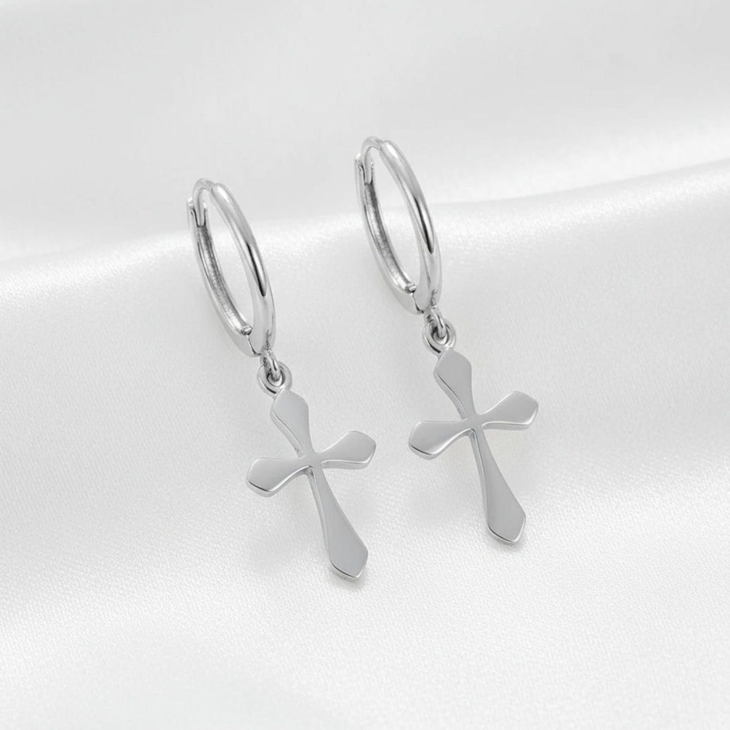925 Sterling Silver Cross Drop Earrings - White Gold Plated