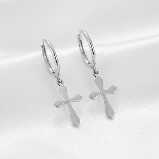 925 Sterling Silver Cross Drop Earrings - White Gold Plated