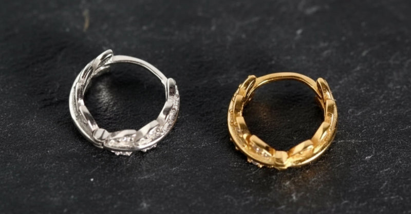 925 Sterling Silver & Gold Plated Zircon Olive Leaf Huggie Earrings | Minimalist