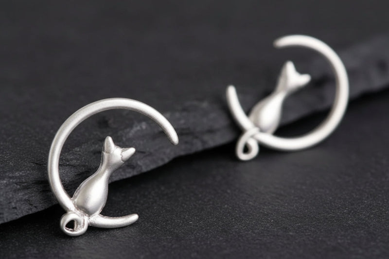 925 Sterling Silver Moon Cat Ear Studs - Celestial Feline Earrings - Minimalist