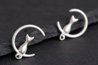 925 Sterling Silver Moon Cat Ear Studs - Celestial Feline Earrings - Minimalist