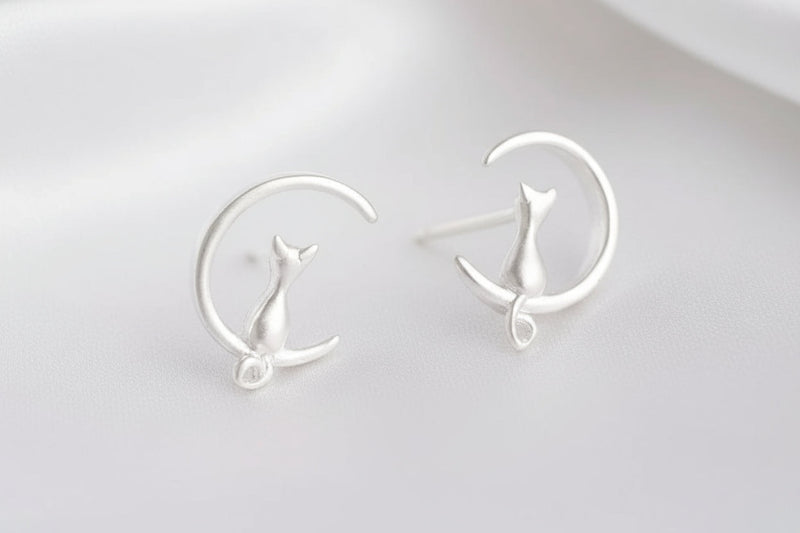 925 Sterling Silver Moon Cat Ear Studs - Celestial Feline Earrings - Minimalist