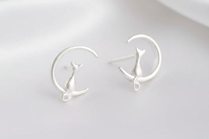 925 Sterling Silver Moon Cat Ear Studs - Celestial Feline Earrings - Minimalist