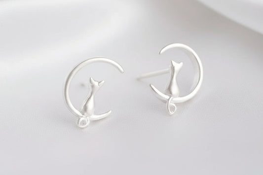 925 Sterling Silver Moon Cat Ear Studs - Celestial Feline Earrings - Minimalist