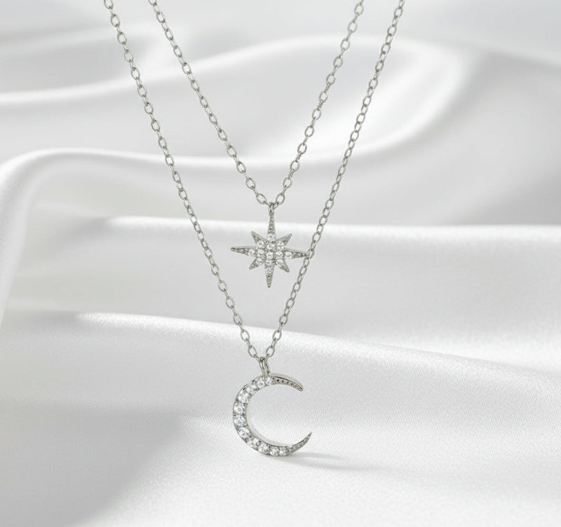 North Star & Crescent Pavé Layered Necklace