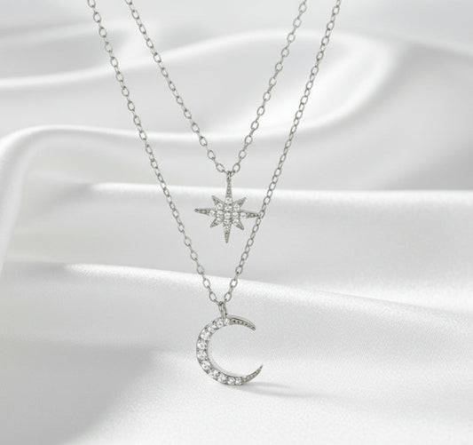 North Star & Crescent Pavé Layered Necklace