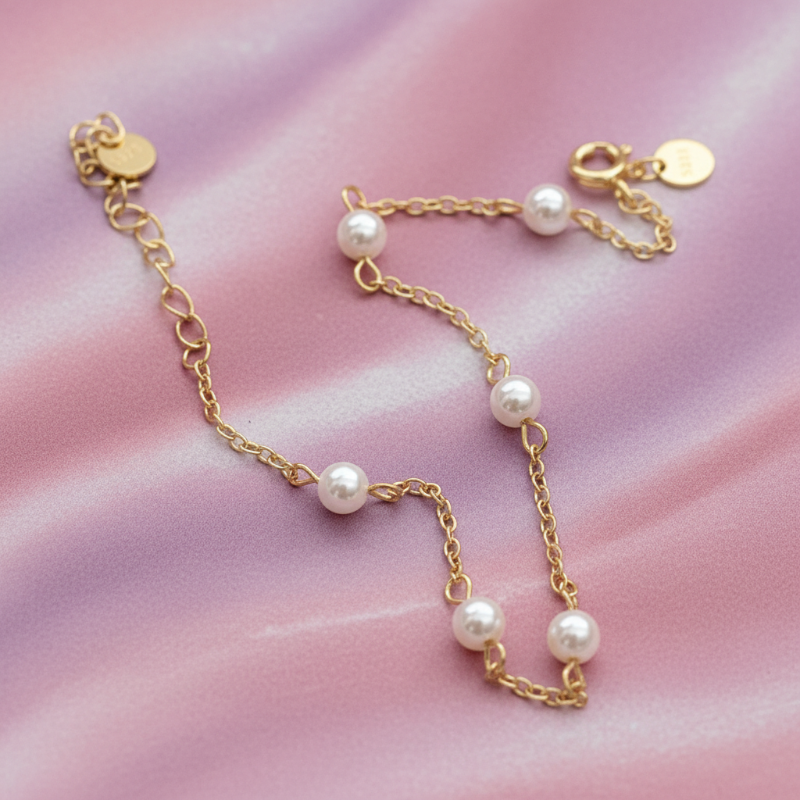 Gold necklace with pearls on a pink fabric background