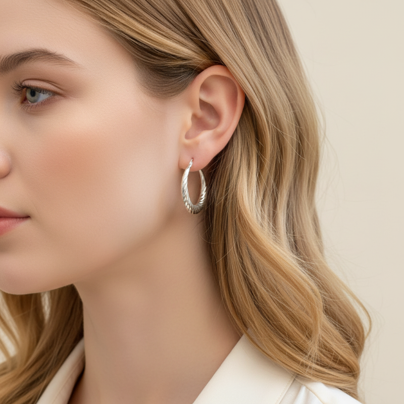Silver hoop earring worn by a person with dark hair.
