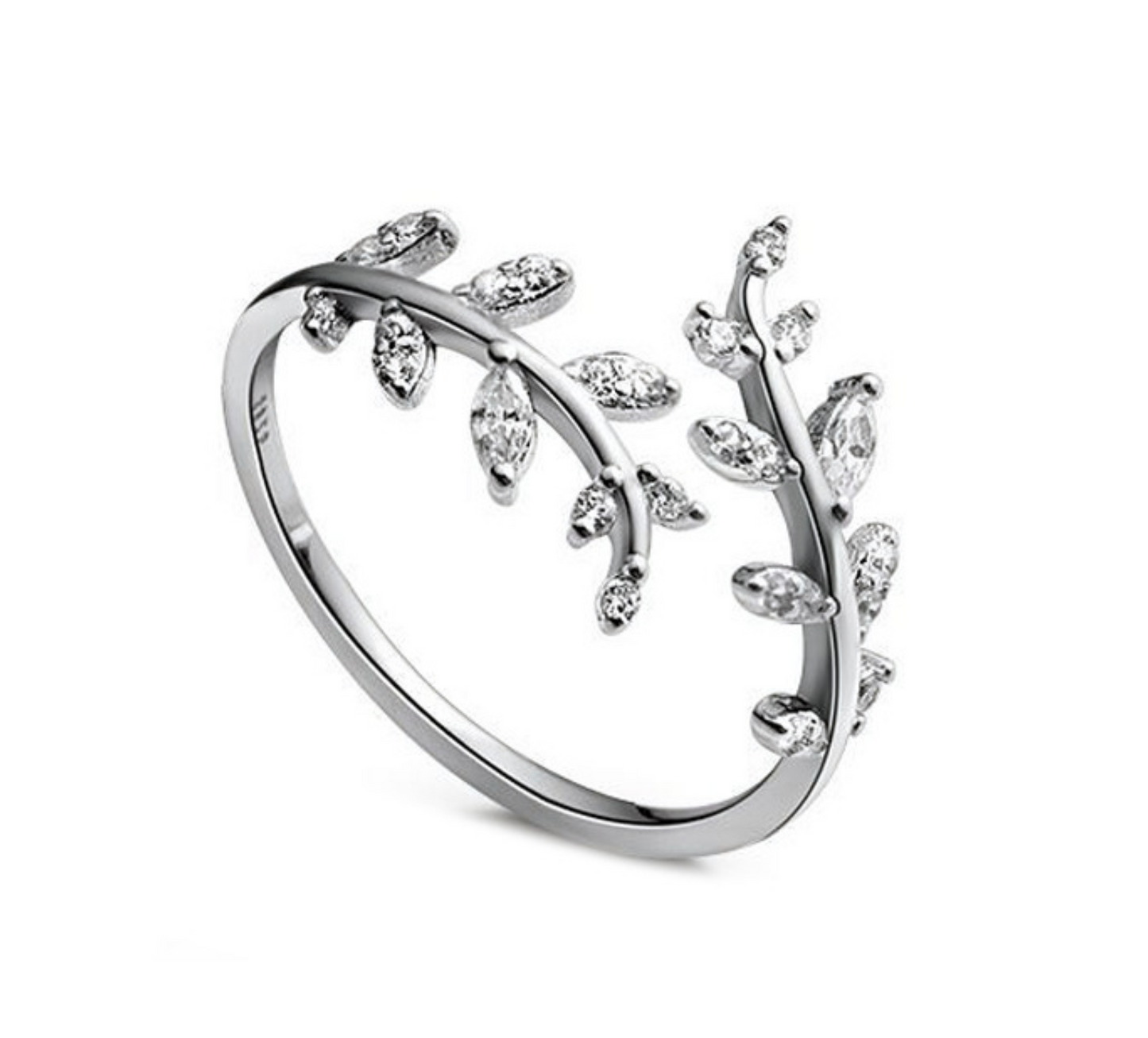 Silver ring with leaf design on a white background