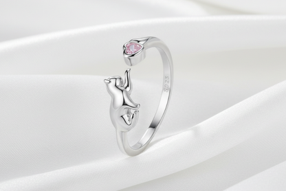 Sterling Silver Cat Ring with Pink Heart Zircon – Adjustable