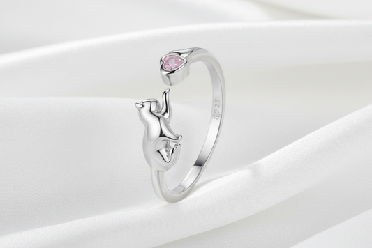 Sterling Silver Cat Ring with Pink Heart Zircon – Adjustable