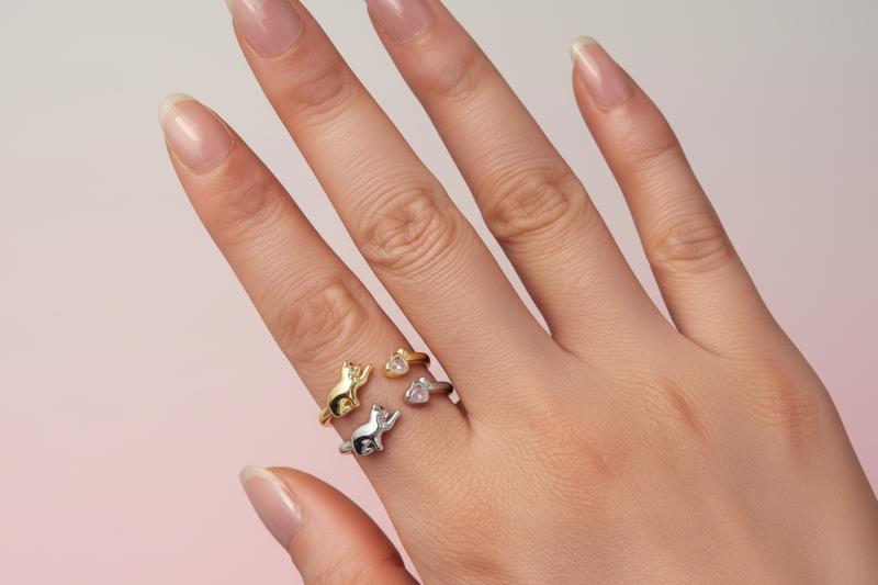 Sterling Silver Cat Ring with Pink Heart Zircon – Adjustable