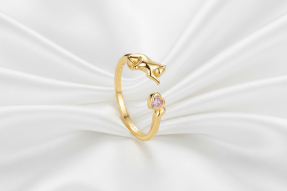 Two rings, one gold and one silver, on a light blue background