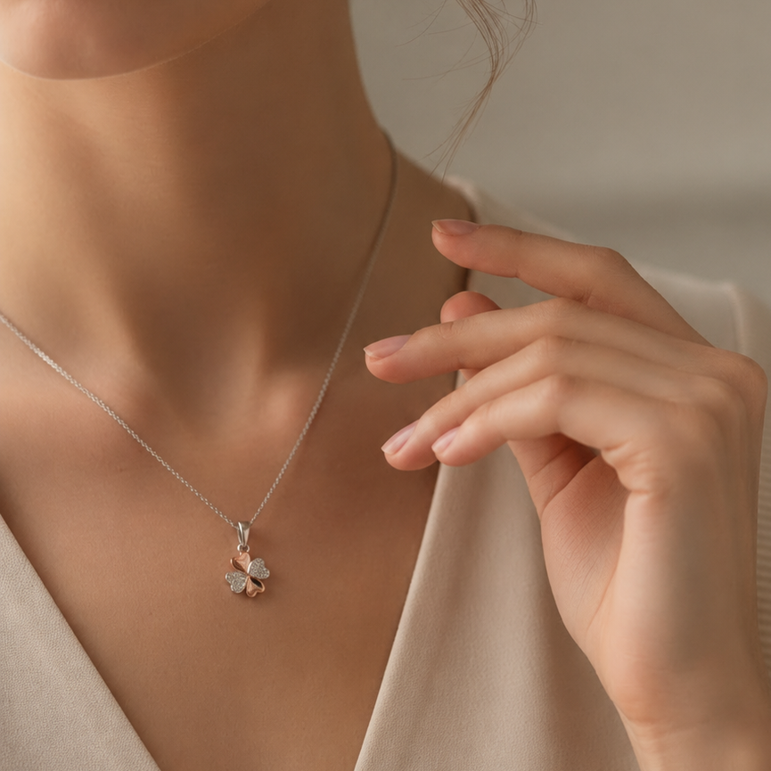 silver and rose-gold plated clover pendant worn on a model