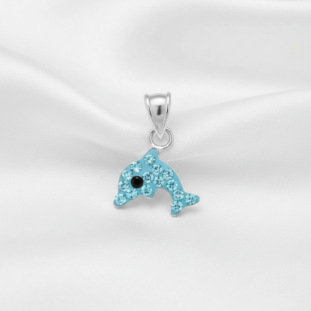 925 Sterling Silver Dolphin Pendant - Aqua Crystal - Children's