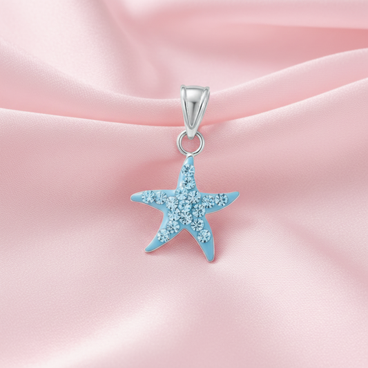 925 Sterling Silver Starfish Pendant - Blue Crystal - Children's