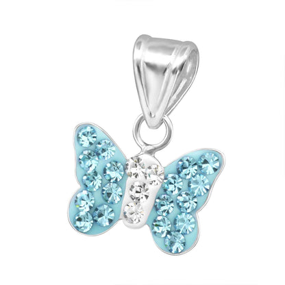 925 Sterling Silver Butterfly Pendant - Blue Crystal - Children's