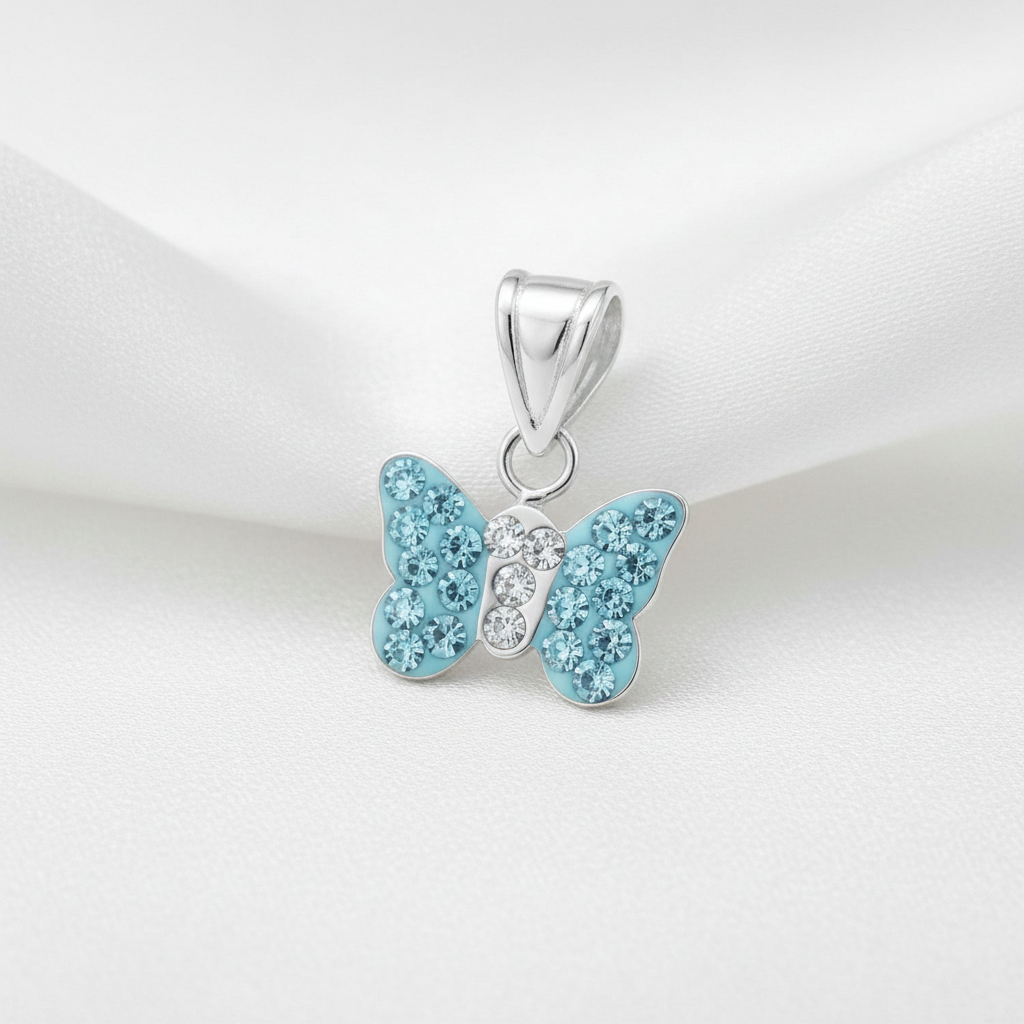 925 Sterling Silver Butterfly Pendant - Blue Crystal - Children's