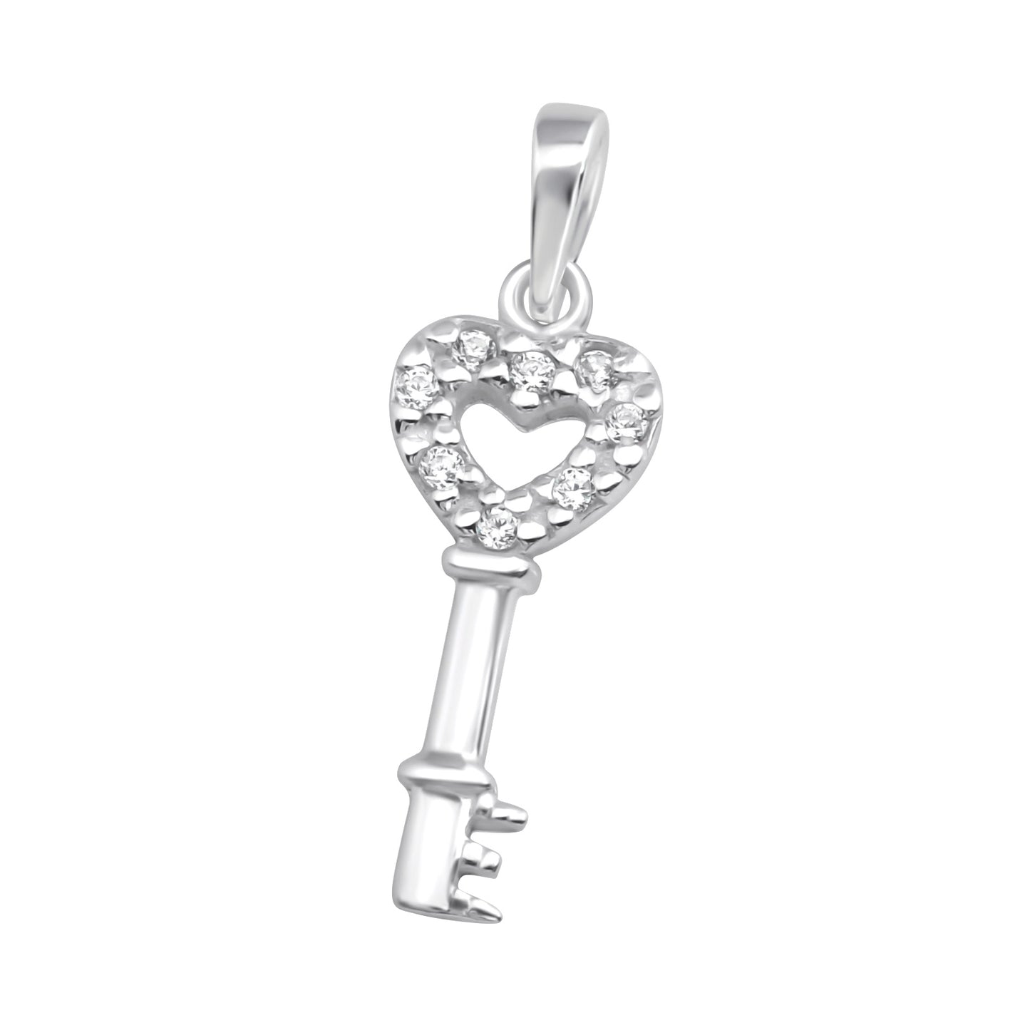 Silver key-shaped pendant with a heart design on a white background