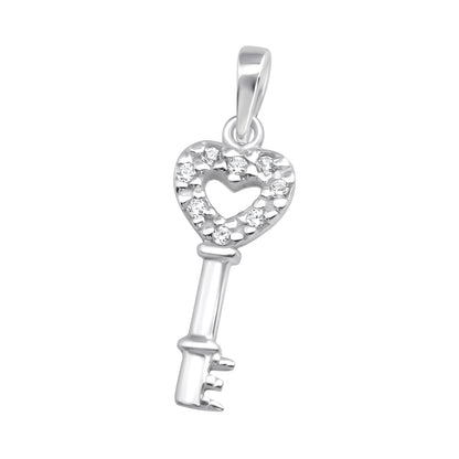 Silver key-shaped pendant with a heart design on a white background