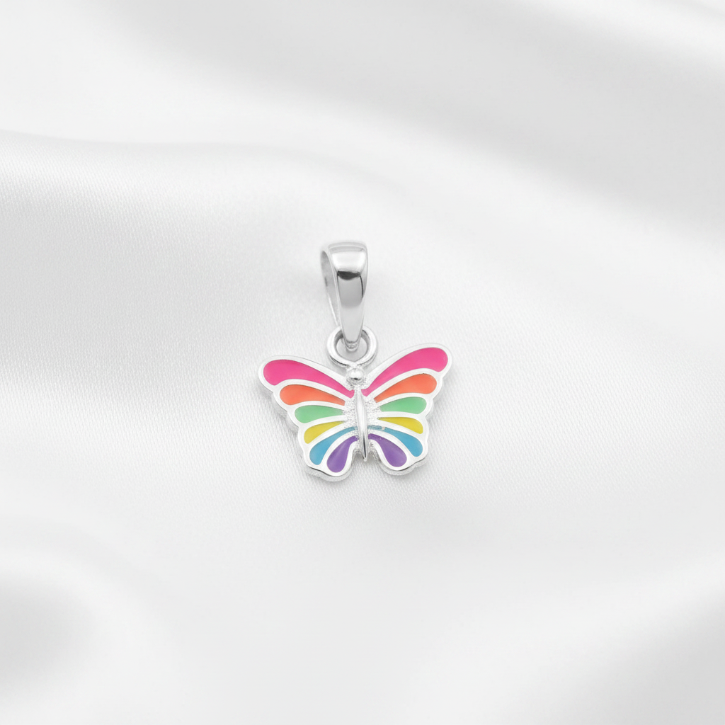 925 Sterling Silver Rainbow Butterfly Pendant - Epoxy - Children's