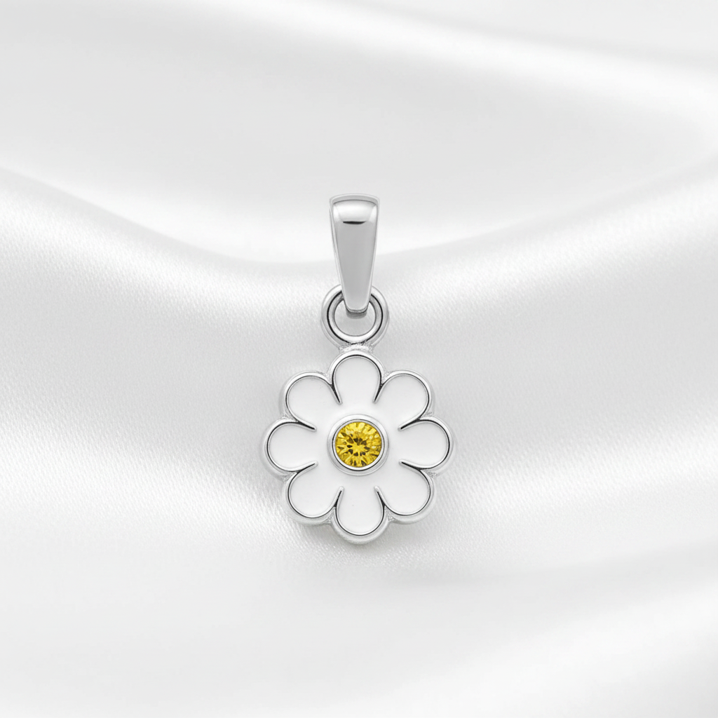925 Sterling Silver Daisy Pendant - Crystal & Epoxy - Children's